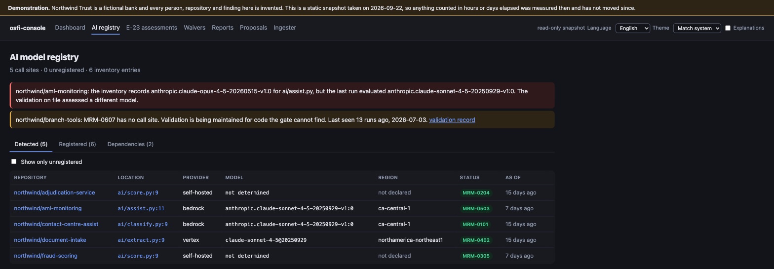 The AI model registry: five detected call sites listed with their repository, file and line, provider, model identifier, region and model-risk inventory ID, above two alerts about a model that drifted from its validated version and a validation record with no matching call site.